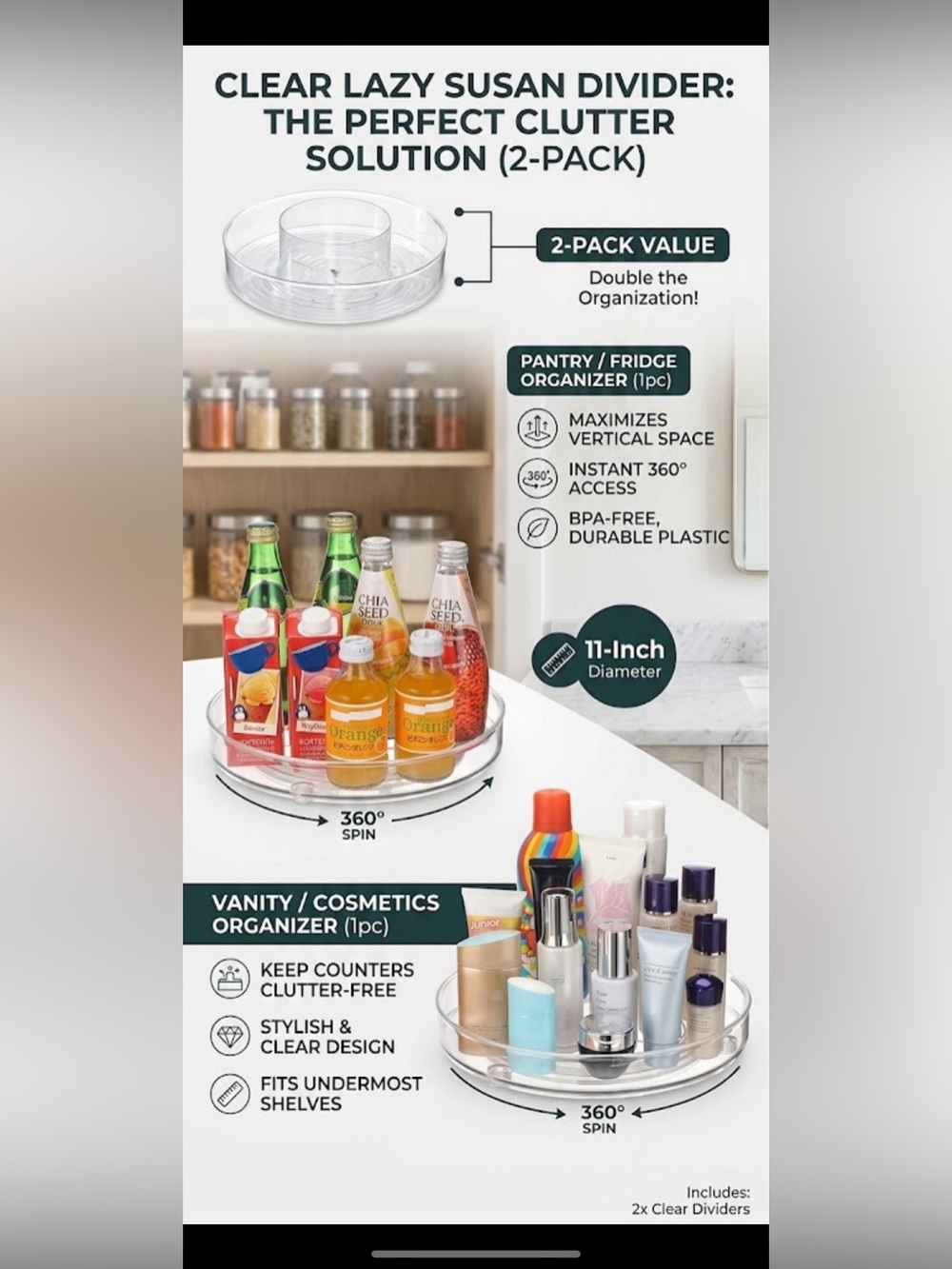 SET OF TWO Target® Storage/ Organization Lazy Susan Clear Acrylic NEW